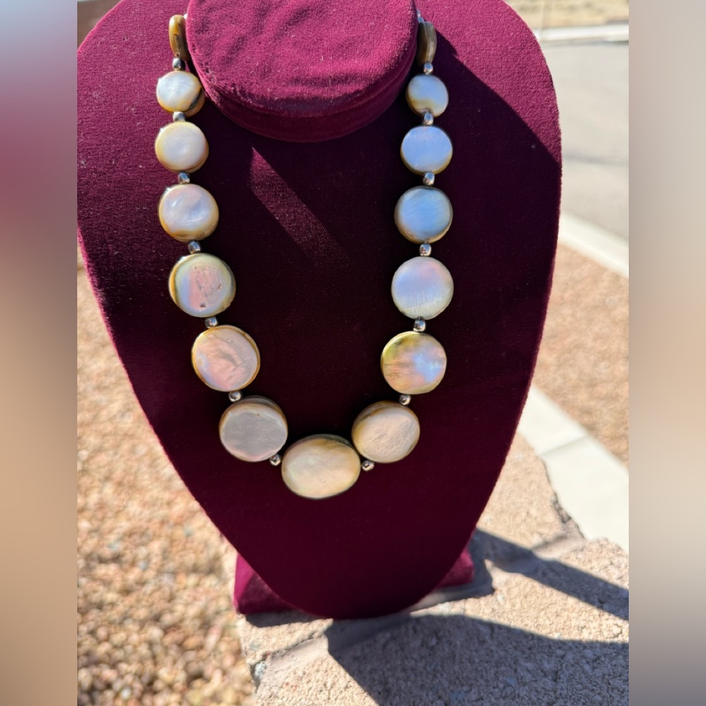 Vintage Mother of Pearl Disc Necklace Silver Tone Beads Statement Necklace